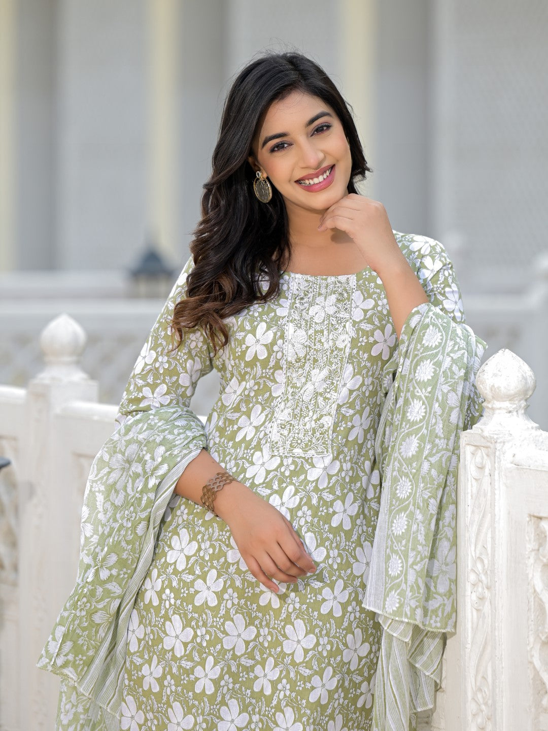 Juniper Women's Green Floral Printed Cotton Kurta, Pant And Dupatta Set With Thread & Mirror Work | Grocsy