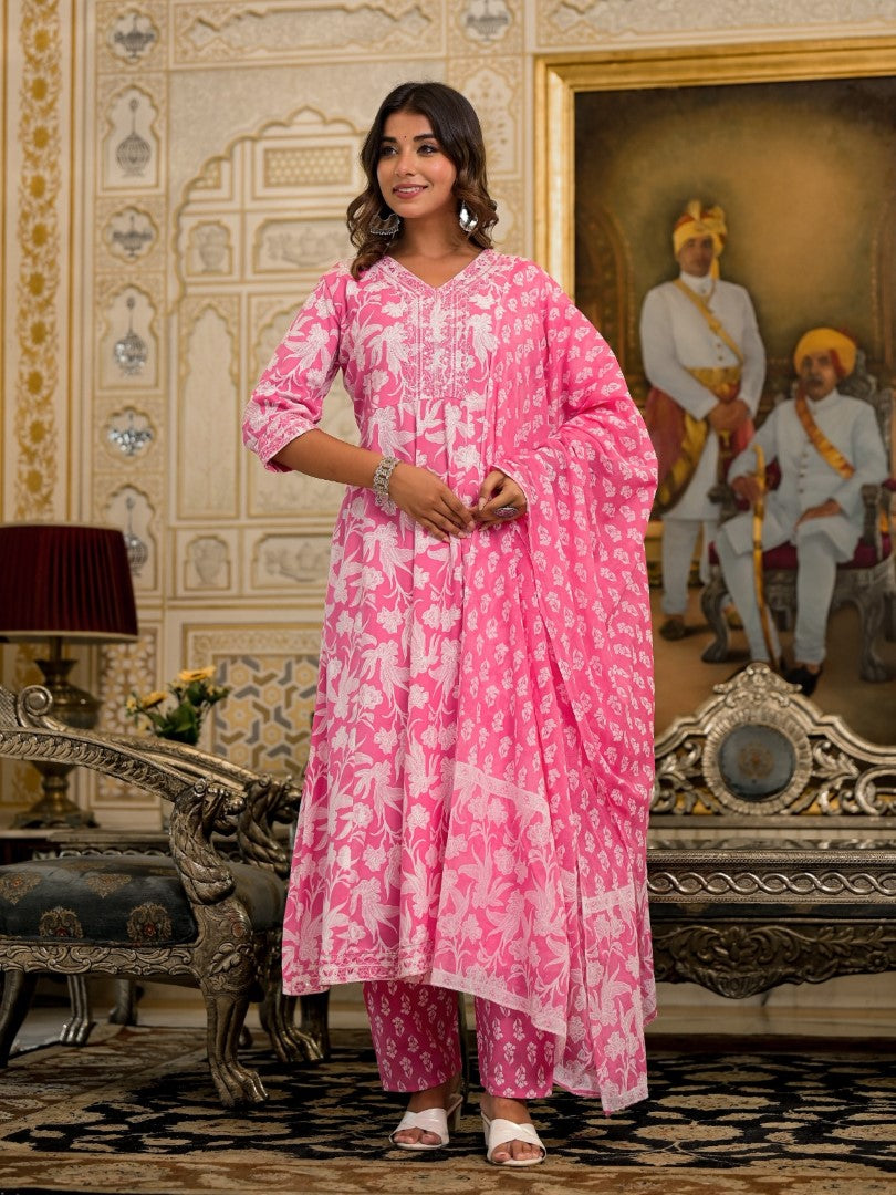 Juniper Women's Pink Floral Printed Liva Rayon Kurta Set With Thread & Mirror Work | Grocsy