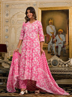 Juniper Women's Pink Floral Printed Liva Rayon Kurta Set With Thread & Mirror Work | Grocsy