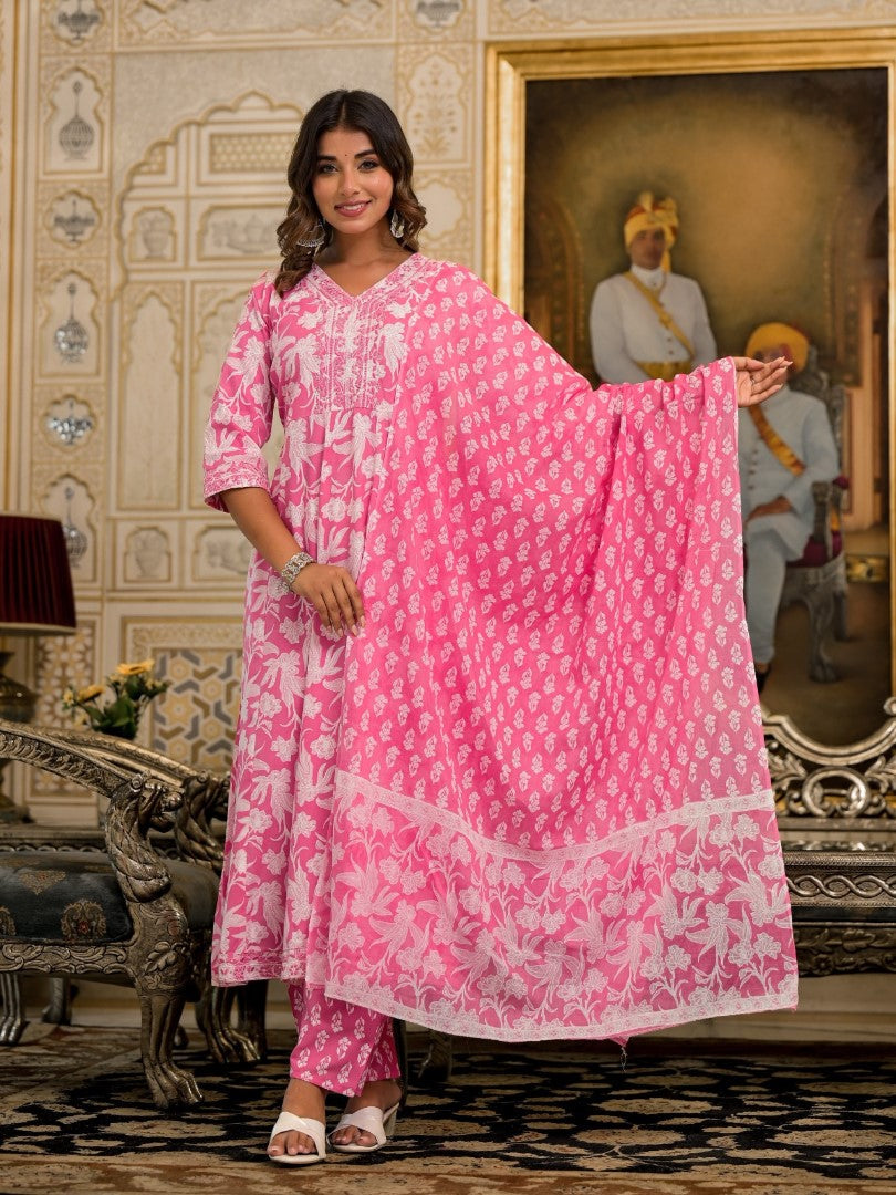 Juniper Women's Pink Floral Printed Liva Rayon Kurta Set With Thread & Mirror Work | Grocsy