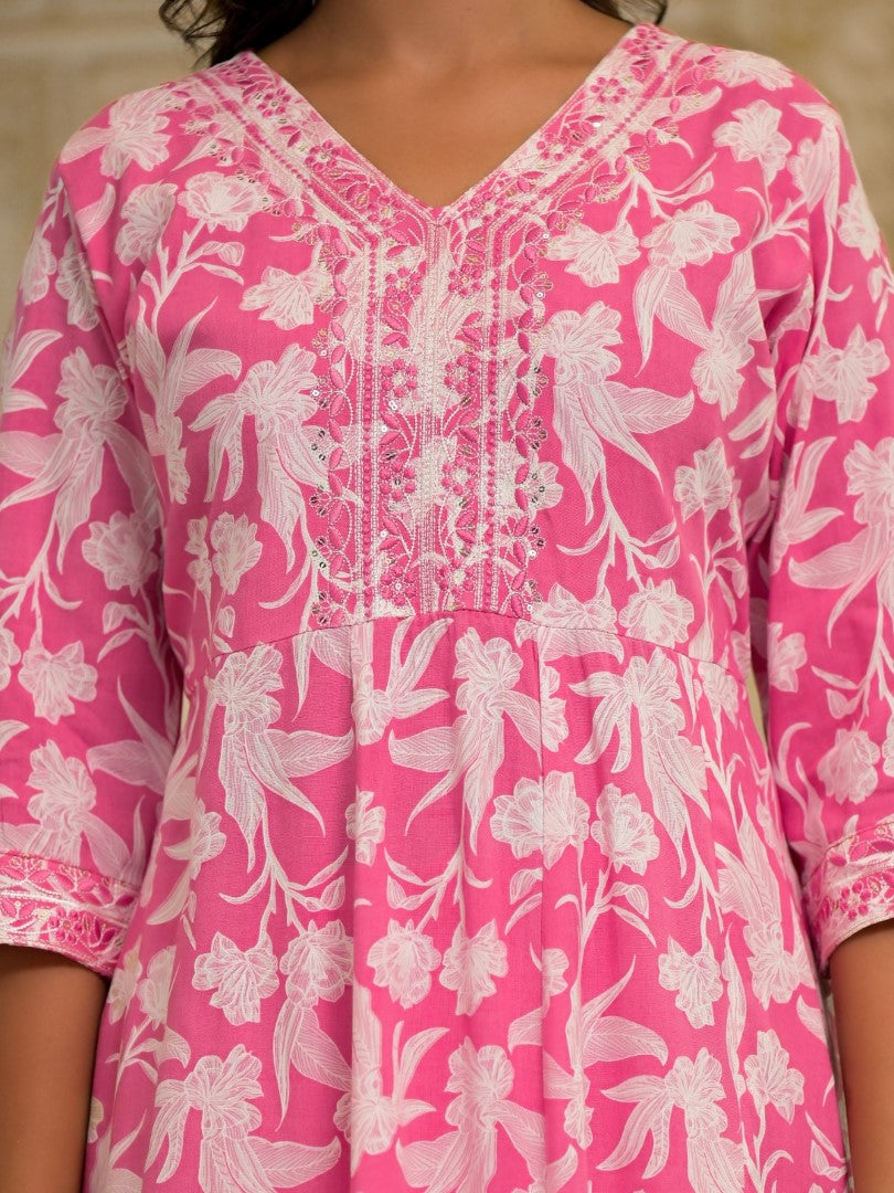 Juniper Women's Pink Floral Printed Liva Rayon Kurta Set With Thread & Mirror Work | Grocsy