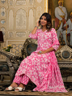 Juniper Women's Pink Floral Printed Liva Rayon Kurta Set With Thread & Mirror Work | Grocsy