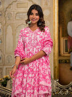 Juniper Women's Pink Floral Printed Liva Rayon Kurta Set With Thread & Mirror Work | Grocsy