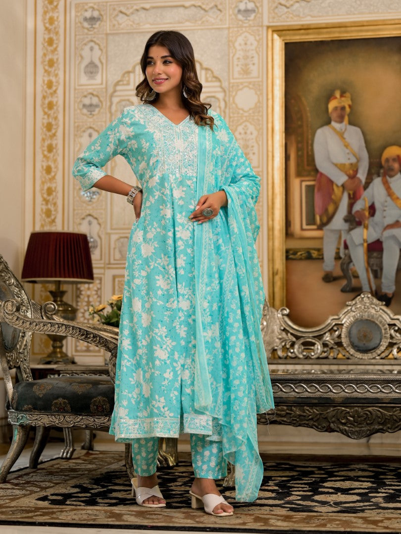 Juniper Women's Green Floral Printed Liva Rayon Kurta, Pant And Dupatta Set With Thread & Sequins Work | Grocsy
