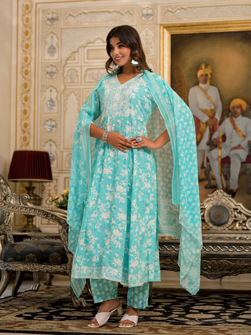 Juniper Women's Green Floral Printed Liva Rayon Kurta, Pant And Dupatta Set With Thread & Sequins Work | Grocsy