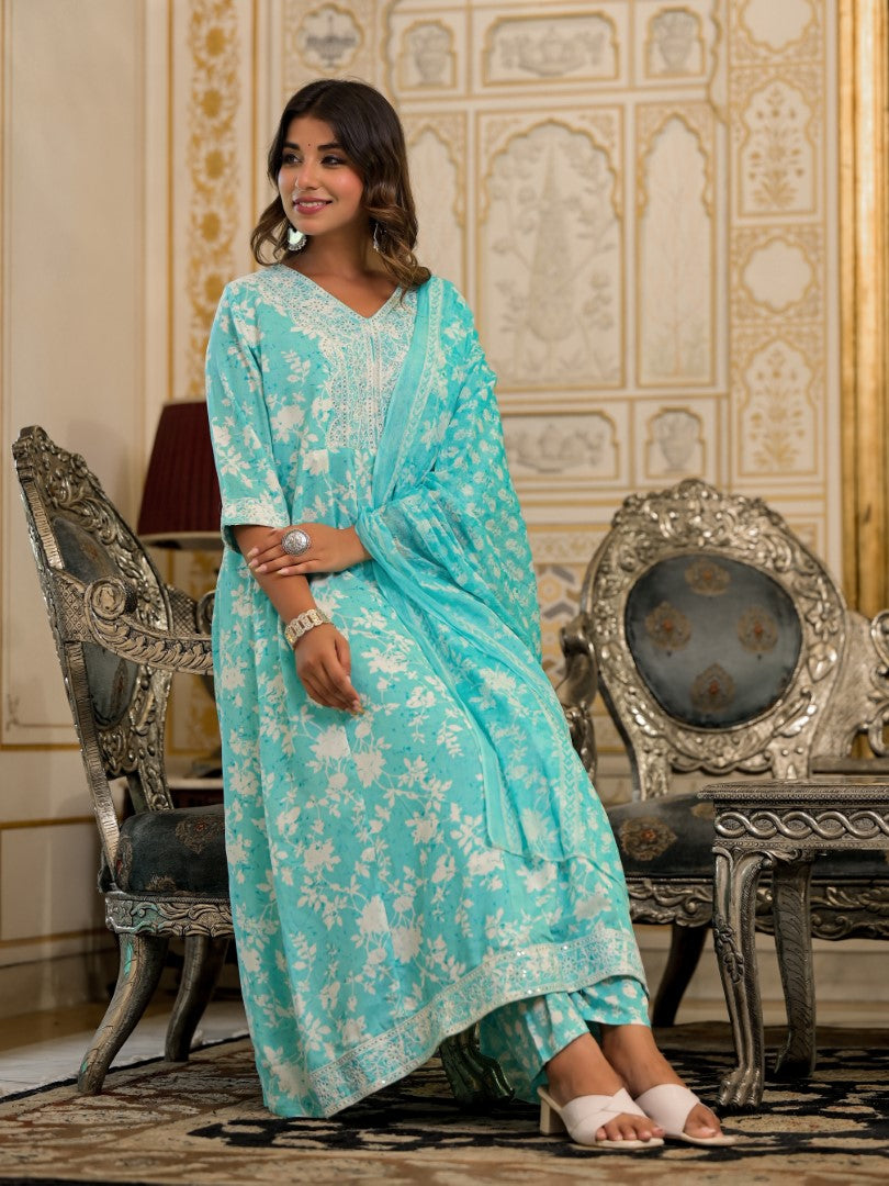 Juniper Women's Green Floral Printed Liva Rayon Kurta, Pant And Dupatta Set With Thread & Sequins Work | Grocsy