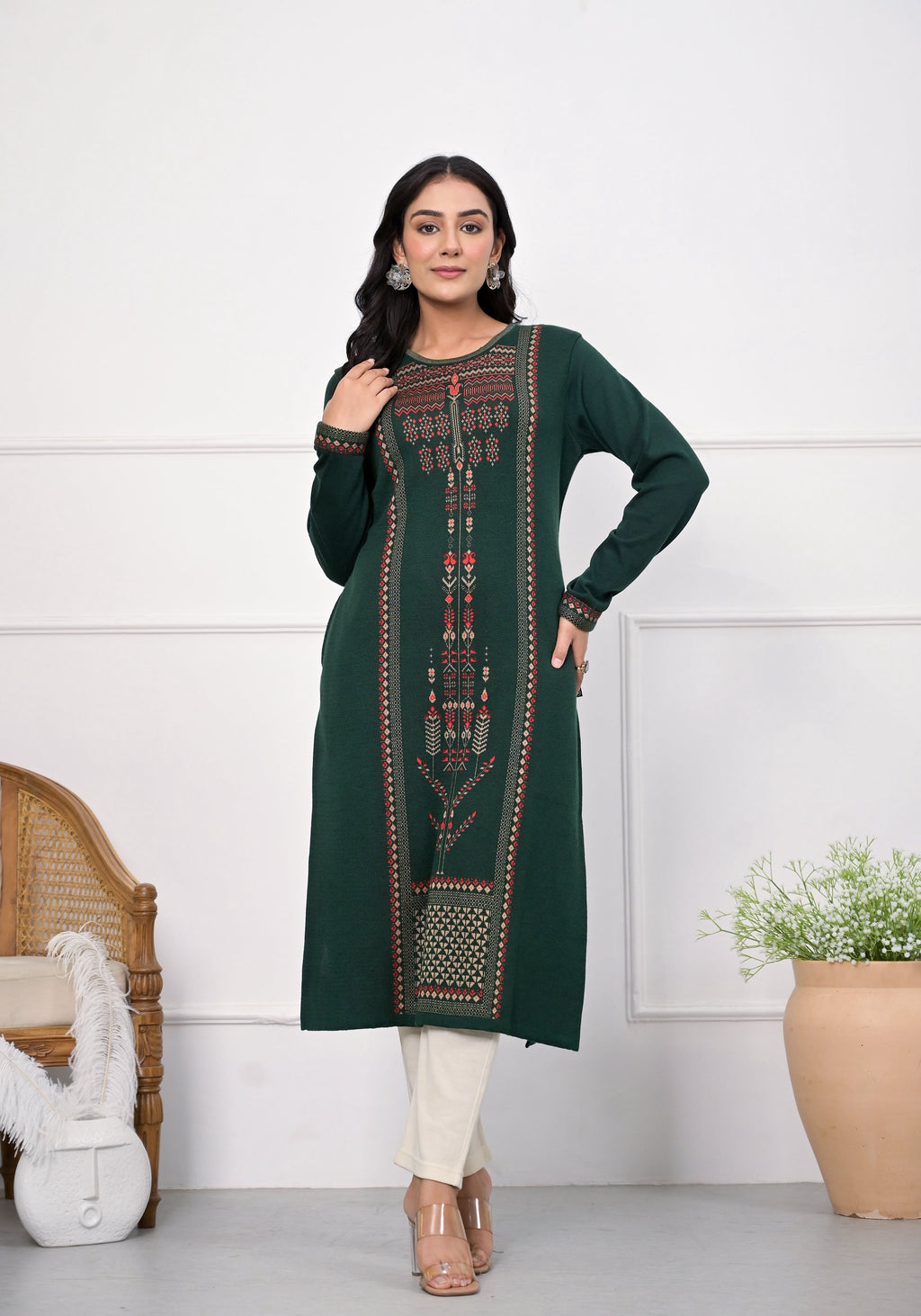 Juniper Bottle Green Ethnic Motif Printed Cotton Kurta | Grocsy