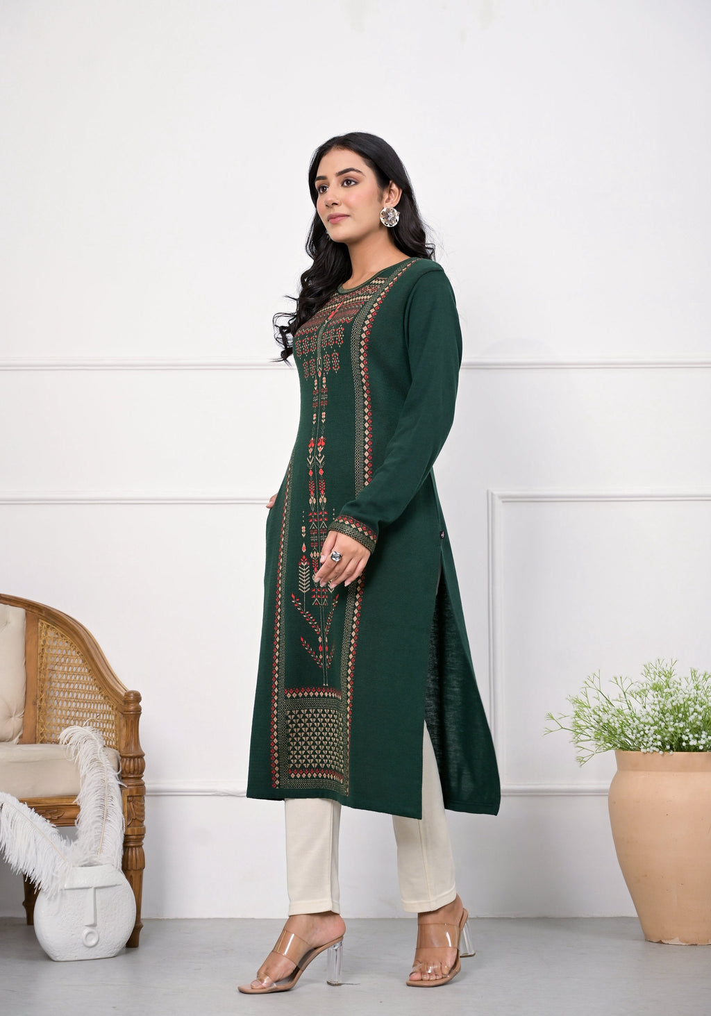 Juniper Bottle Green Ethnic Motif Printed Cotton Kurta | Grocsy