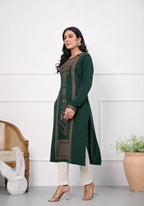 Juniper Bottle Green Ethnic Motif Printed Cotton Kurta | Grocsy