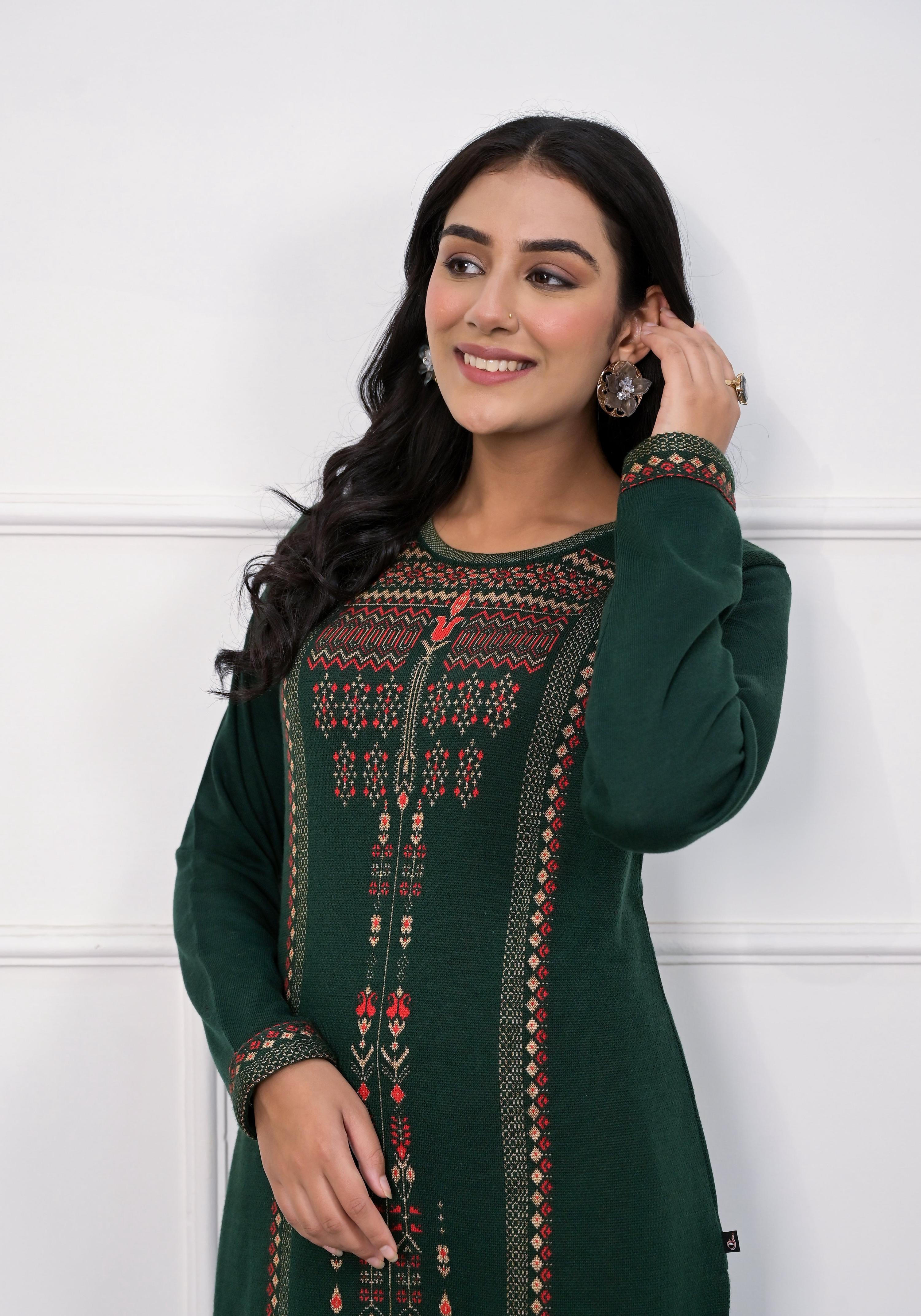 Juniper Bottle Green Ethnic Motif Printed Cotton Kurta | Grocsy