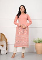 Juniper Women's Peach Ethnic Motif Printed Cotton Winter Wear Kurta | Grocsy