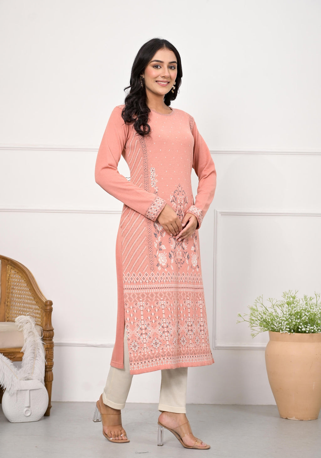 Juniper Women's Peach Ethnic Motif Printed Cotton Winter Wear Kurta | Grocsy