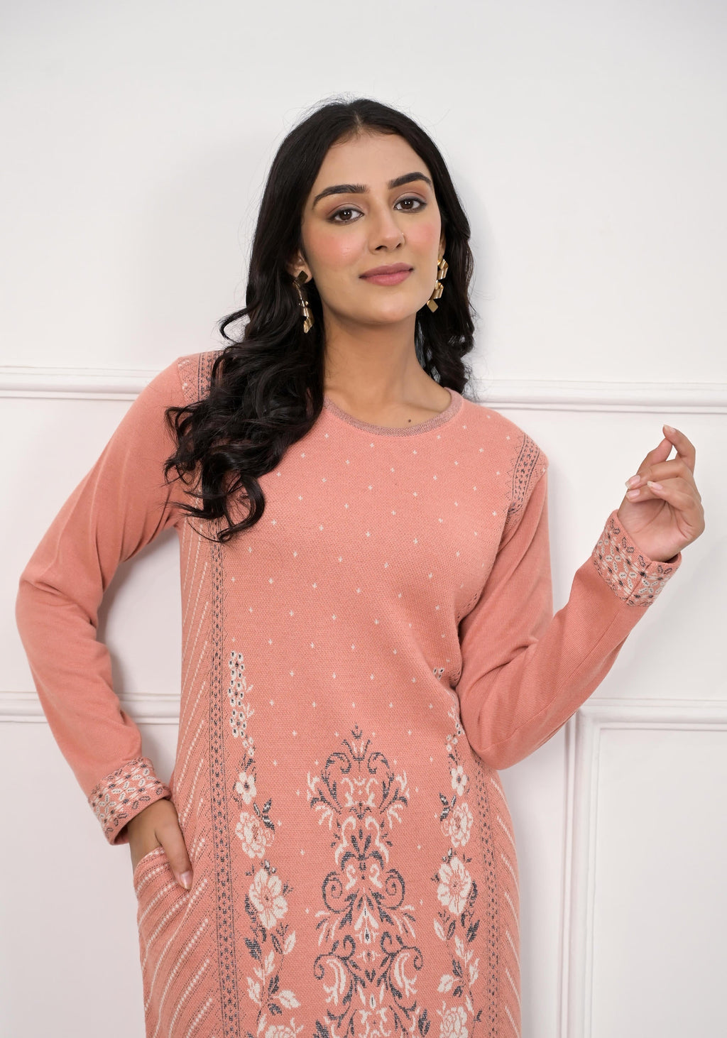 Juniper Women's Peach Ethnic Motif Printed Cotton Winter Wear Kurta | Grocsy