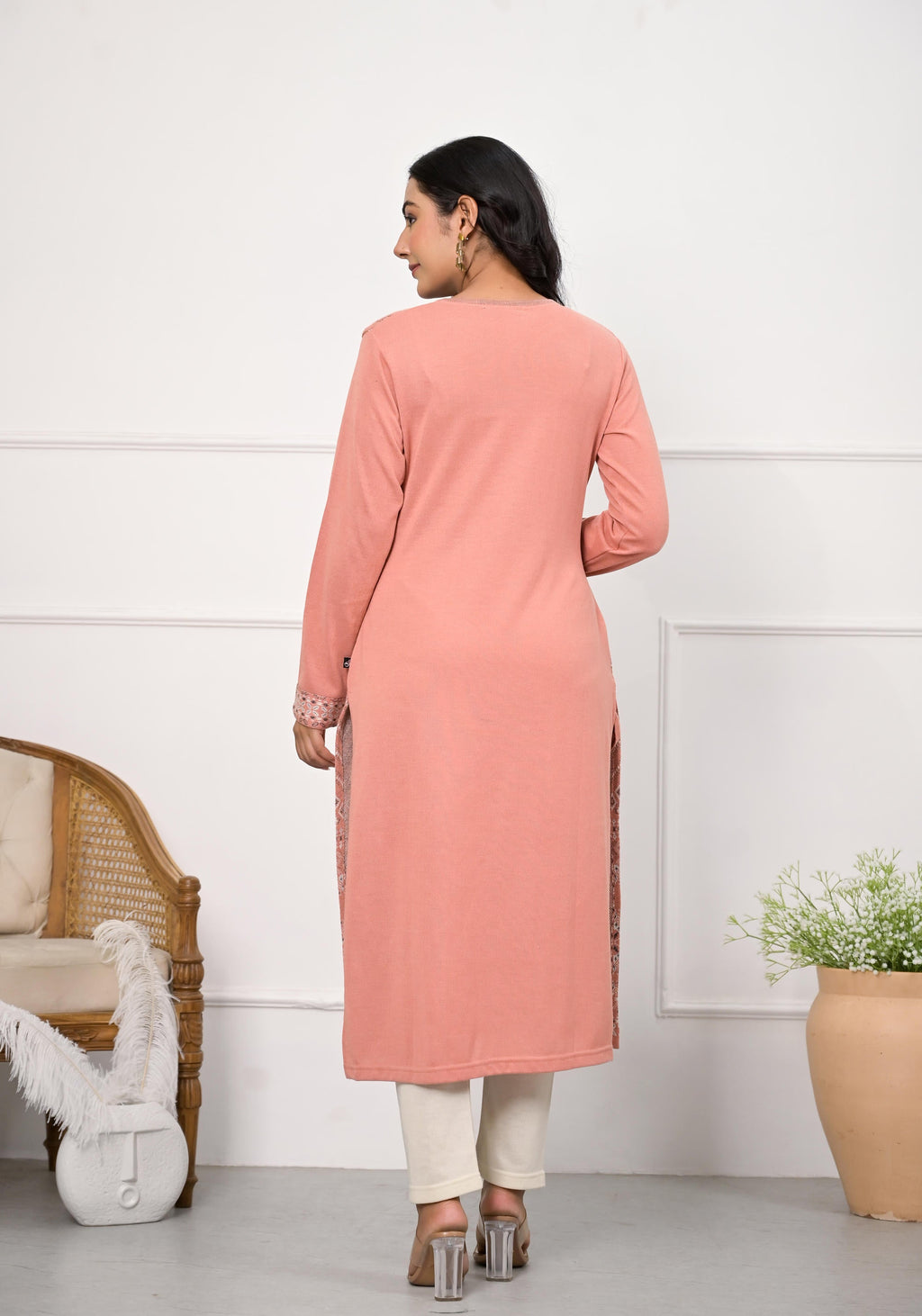Juniper Women's Peach Ethnic Motif Printed Cotton Winter Wear Kurta | Grocsy