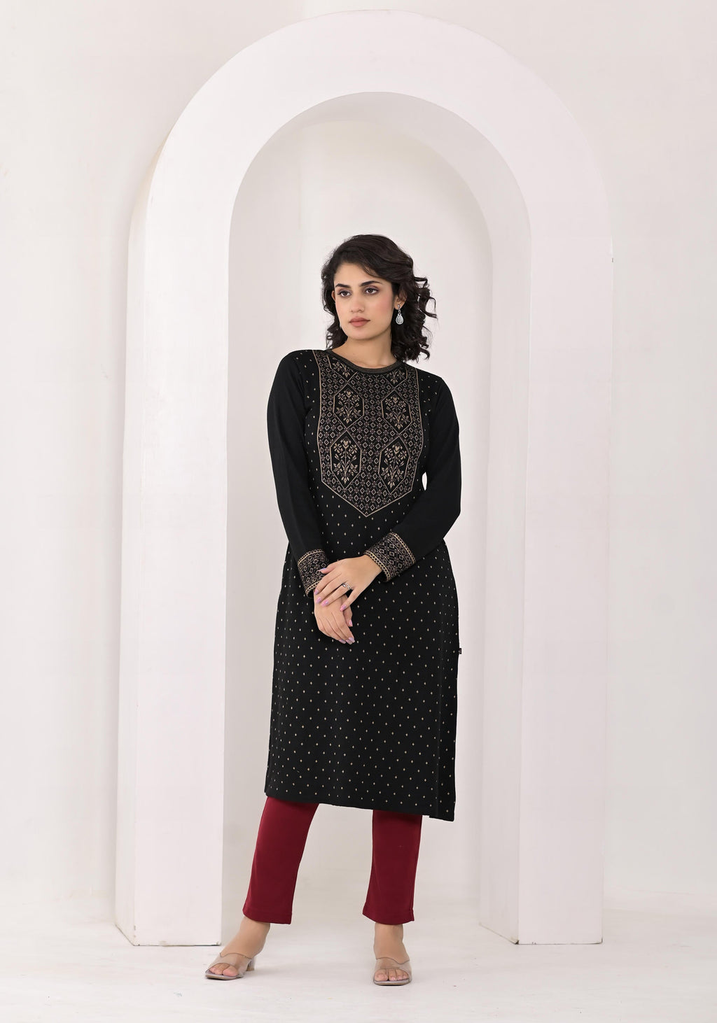 Juniper Women's Black Ethnic Motif Printed Cotton Winter Wear Kurta | Grocsy