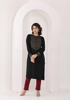 Juniper Women's Black Ethnic Motif Printed Cotton Winter Wear Kurta | Grocsy