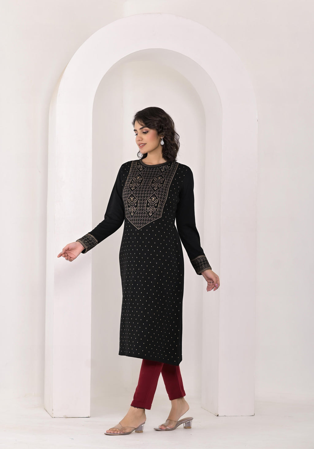 Juniper Women's Black Ethnic Motif Printed Cotton Winter Wear Kurta | Grocsy