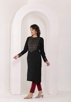 Juniper Women's Black Ethnic Motif Printed Cotton Winter Wear Kurta | Grocsy