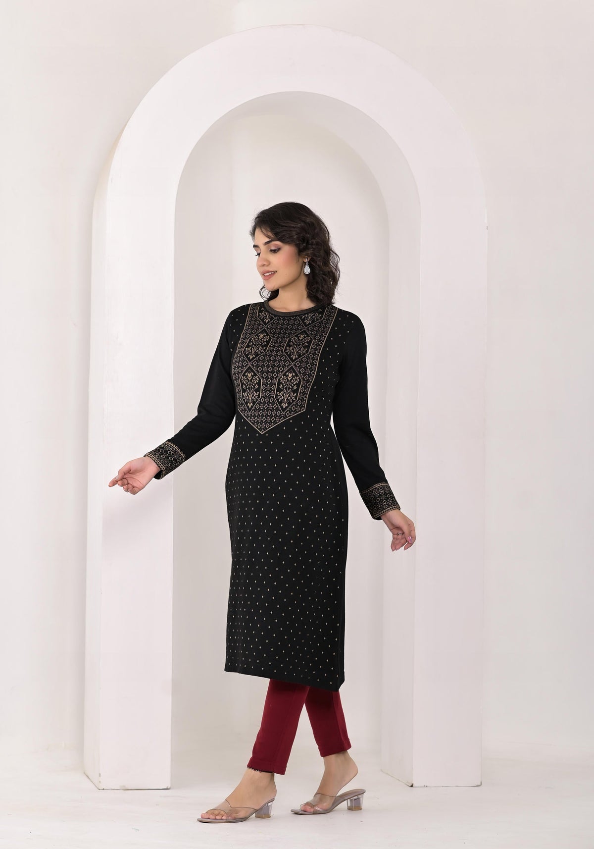 Juniper Women's Black Ethnic Motif Printed Cotton Winter Wear Kurta | Grocsy