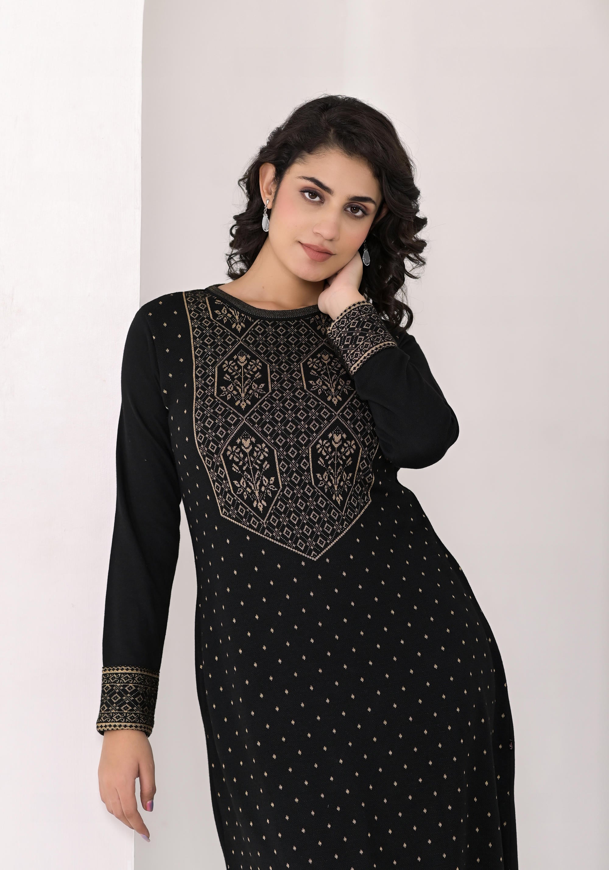 Juniper Women's Black Ethnic Motif Printed Cotton Winter Wear Kurta | Grocsy