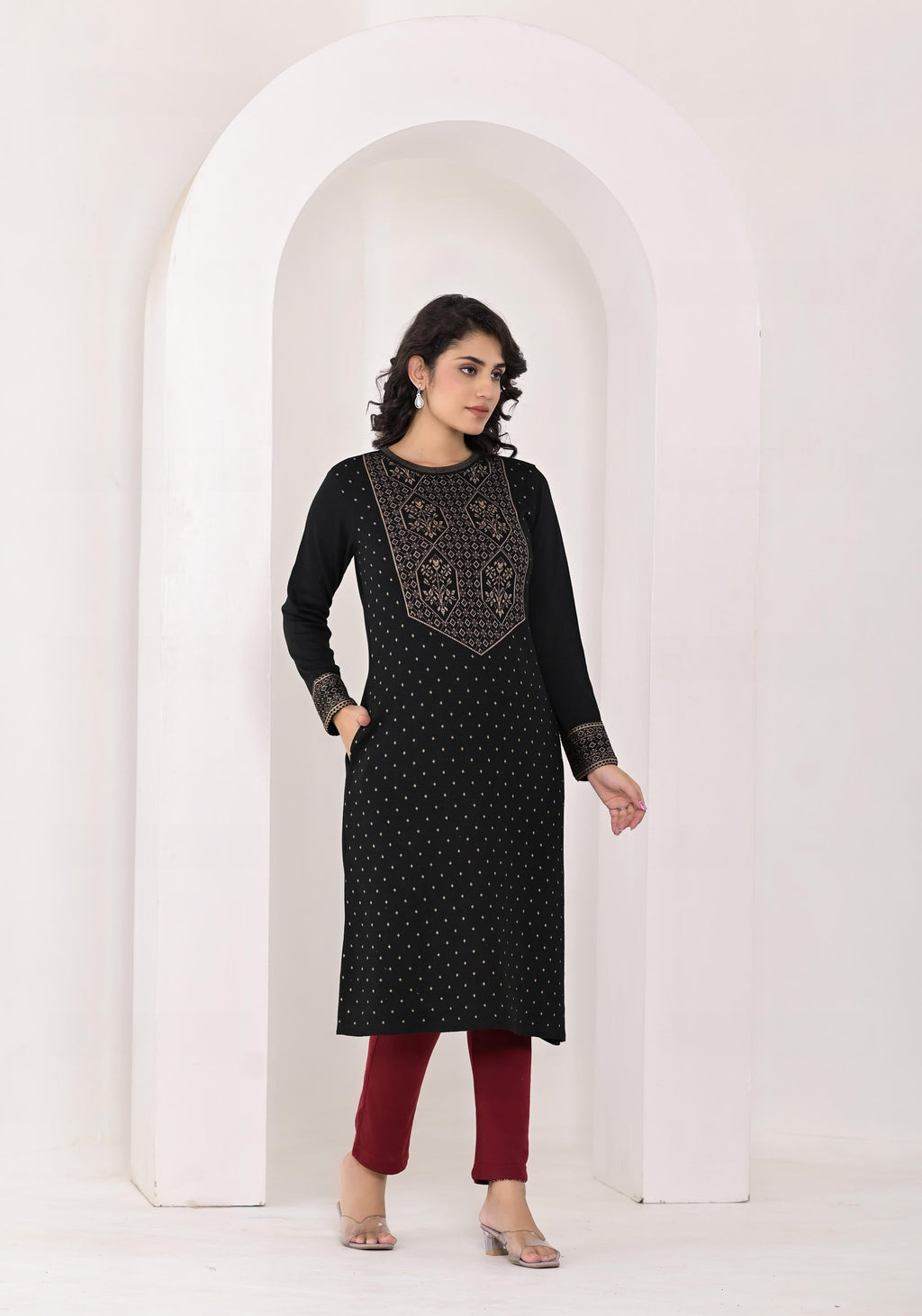 Juniper Women's Black Ethnic Motif Printed Cotton Winter Wear Kurta | Grocsy