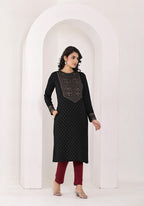 Juniper Women's Black Ethnic Motif Printed Cotton Winter Wear Kurta | Grocsy
