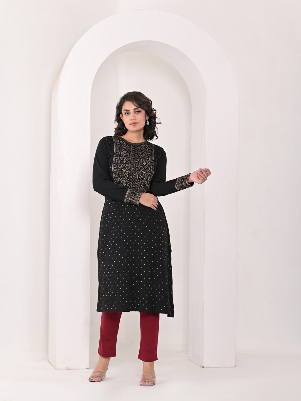 Juniper Women's Black Ethnic Motif Printed Cotton Winter Wear Kurta | Grocsy