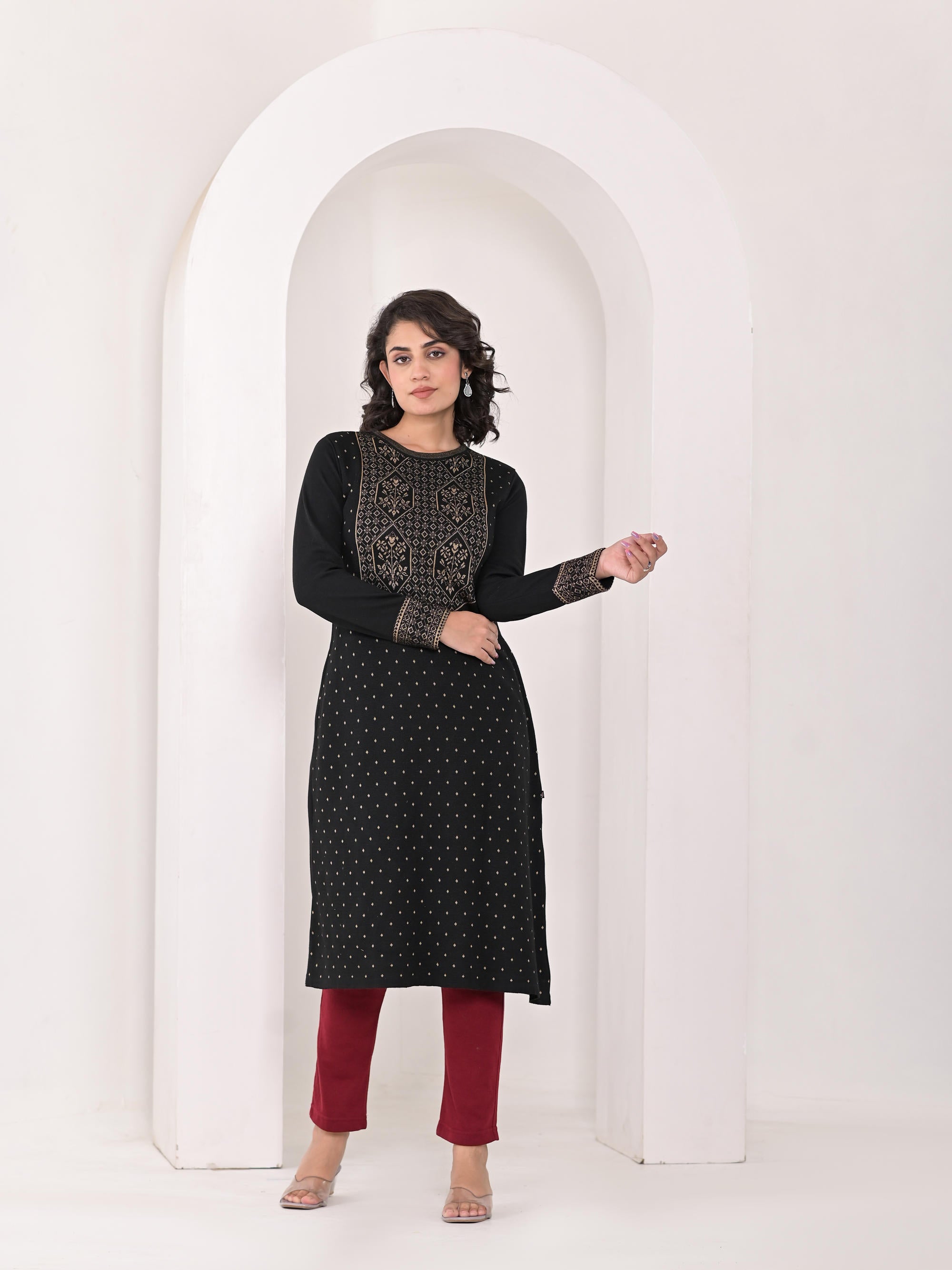 Juniper Women's Black Ethnic Motif Printed Cotton Winter Wear Kurta | Grocsy