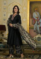 Juniper Women's Black Thread Embroidered Viscose Kurta Pant And Dupatta Set With Abstract Printed Pants | Grocsy