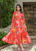 Juniper Women's Red Geometric Printed Cambric Dress With Buttons & Doris On Waist | Grocsy