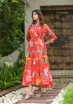 Juniper Women's Red Geometric Printed Cambric Dress With Buttons & Doris On Waist | Grocsy