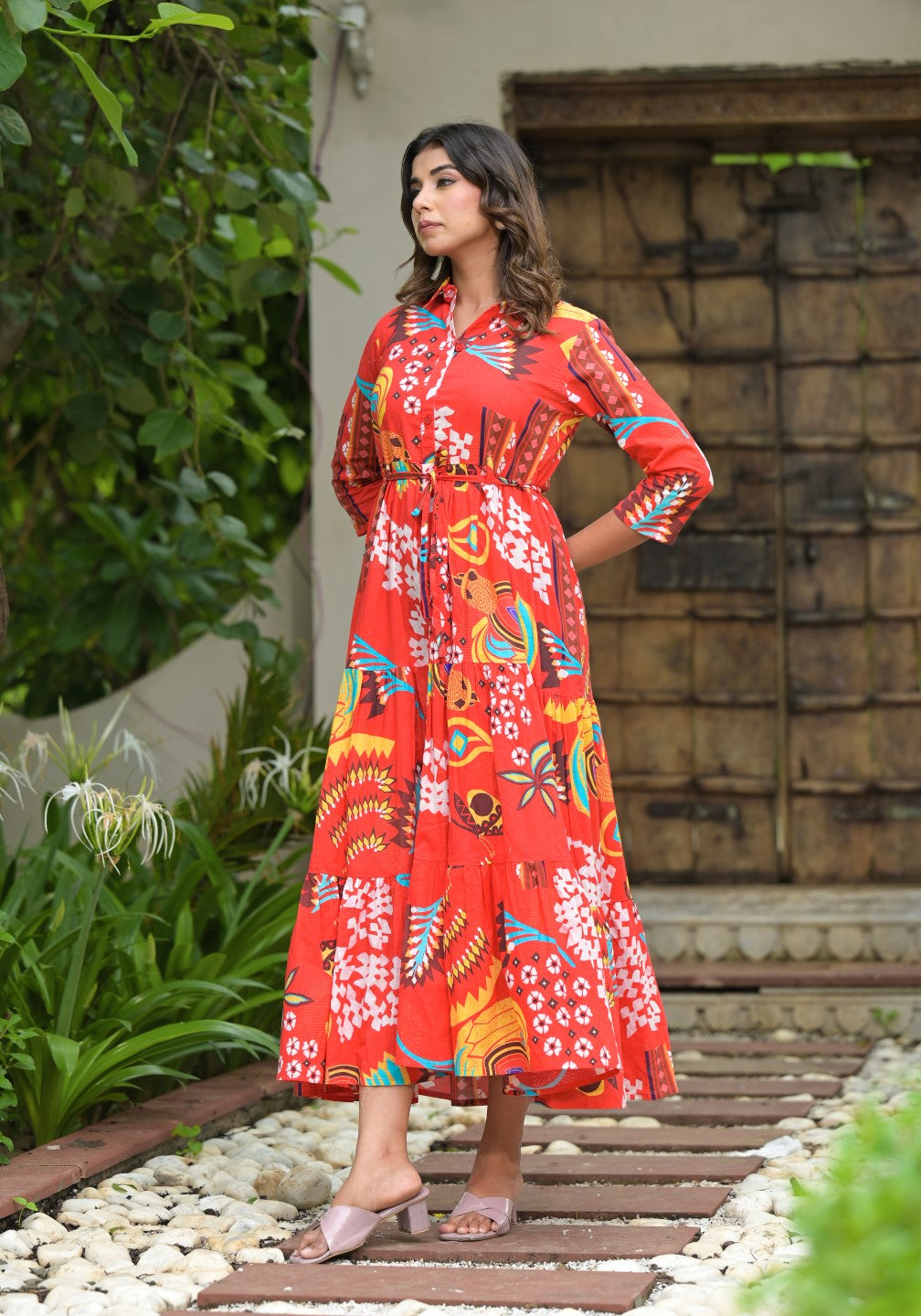 Juniper Women's Red Geometric Printed Cambric Dress With Buttons & Doris On Waist | Grocsy