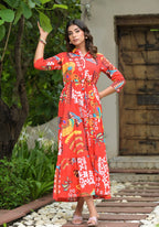 Juniper Women's Red Geometric Printed Cambric Dress With Buttons & Doris On Waist | Grocsy