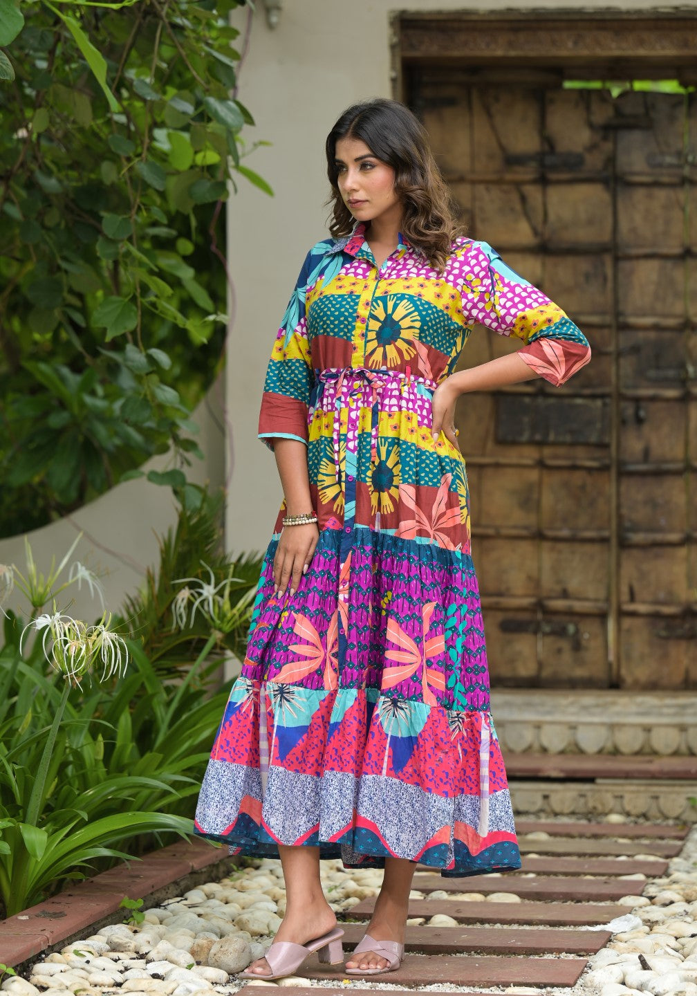 Juniper Women's Multi Geometric Printed Cambric Dress With Buttons & Doris On Waist | Grocsy