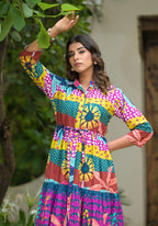 Juniper Women's Multi Geometric Printed Cambric Dress With Buttons & Doris On Waist | Grocsy