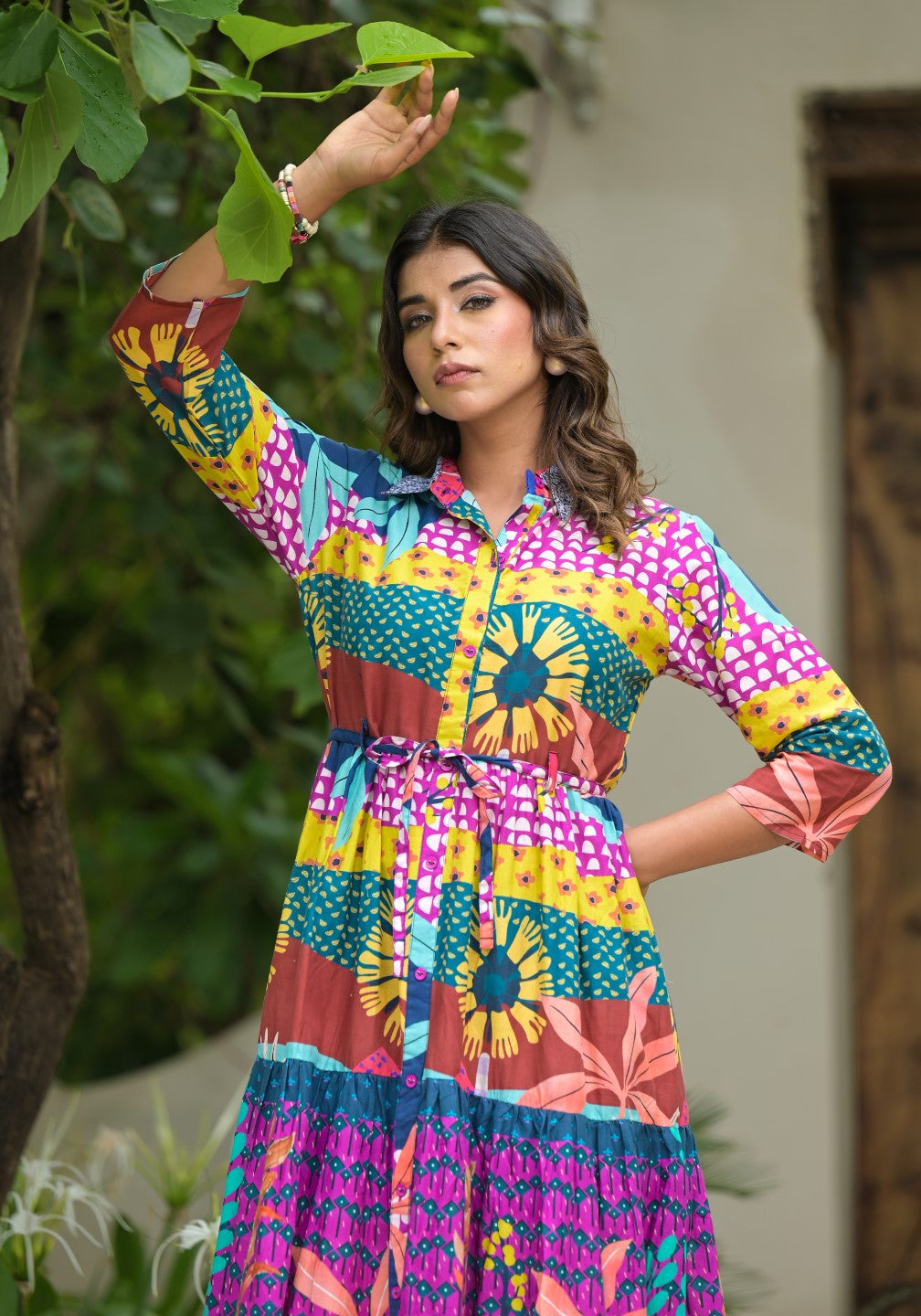 Juniper Women's Multi Geometric Printed Cambric Dress With Buttons & Doris On Waist | Grocsy