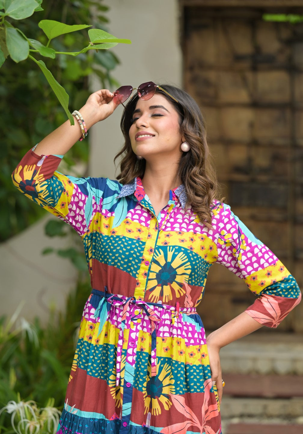 Juniper Women's Multi Geometric Printed Cambric Dress With Buttons & Doris On Waist | Grocsy