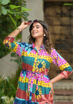 Juniper Women's Multi Geometric Printed Cambric Dress With Buttons & Doris On Waist | Grocsy