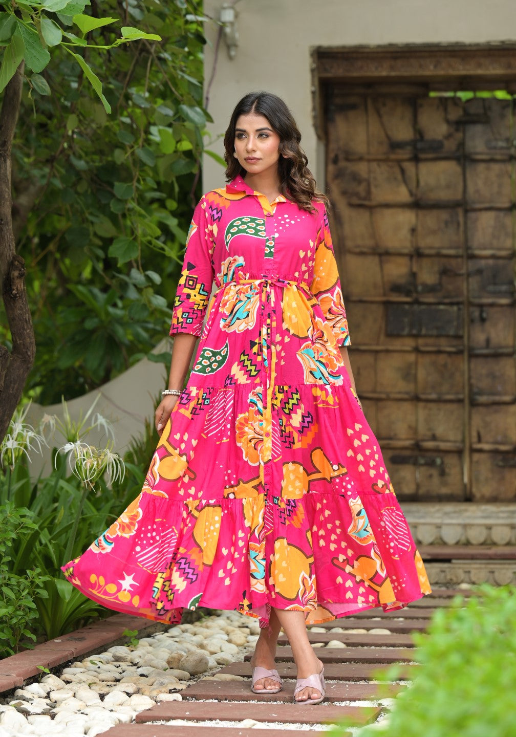 Juniper Women's Fuchsia Geometric Printed Cambric Dress With Buttons & Doris On Waist | Grocsy