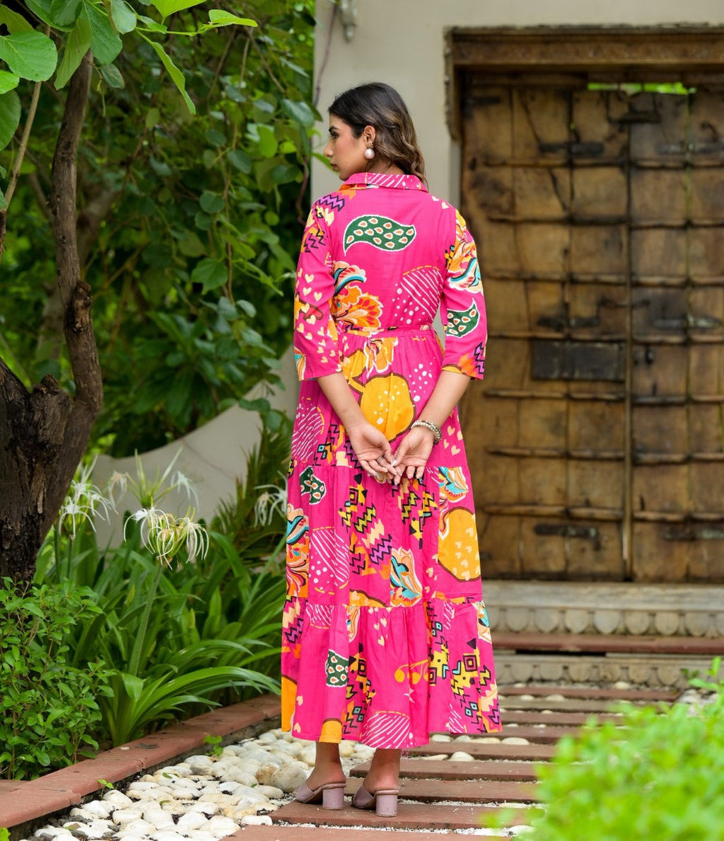 Juniper Women's Fuchsia Geometric Printed Cambric Dress With Buttons & Doris On Waist | Grocsy