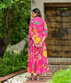 Juniper Women's Fuchsia Geometric Printed Cambric Dress With Buttons & Doris On Waist | Grocsy