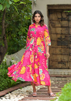 Juniper Women's Fuchsia Geometric Printed Cambric Dress With Buttons & Doris On Waist | Grocsy
