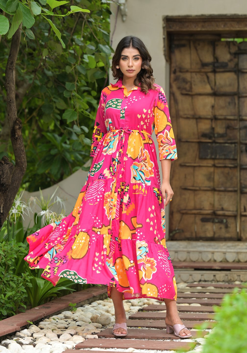 Juniper Women's Fuchsia Geometric Printed Cambric Dress With Buttons & Doris On Waist | Grocsy