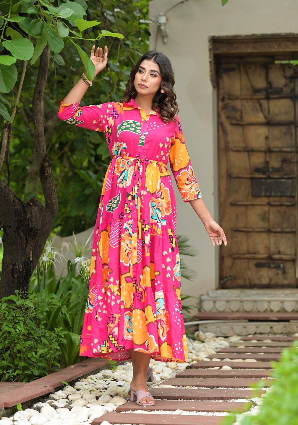 Juniper Women's Fuchsia Geometric Printed Cambric Dress With Buttons & Doris On Waist | Grocsy