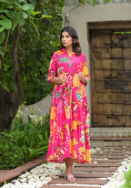 Juniper Women's Fuchsia Geometric Printed Cambric Dress With Buttons & Doris On Waist | Grocsy