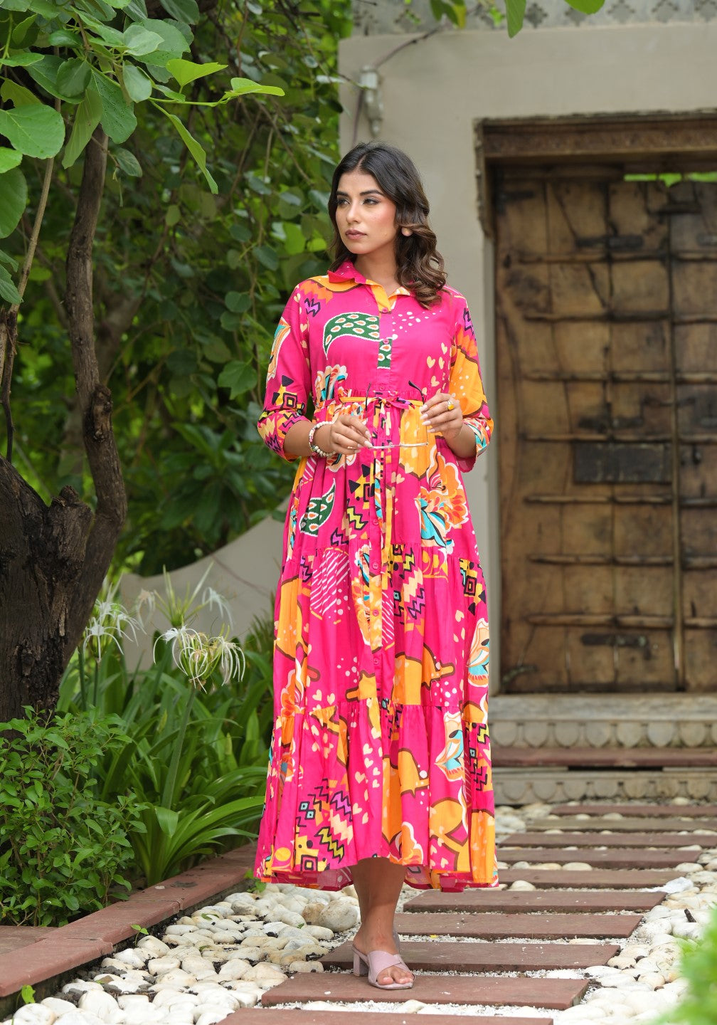 Juniper Women's Fuchsia Geometric Printed Cambric Dress With Buttons & Doris On Waist | Grocsy