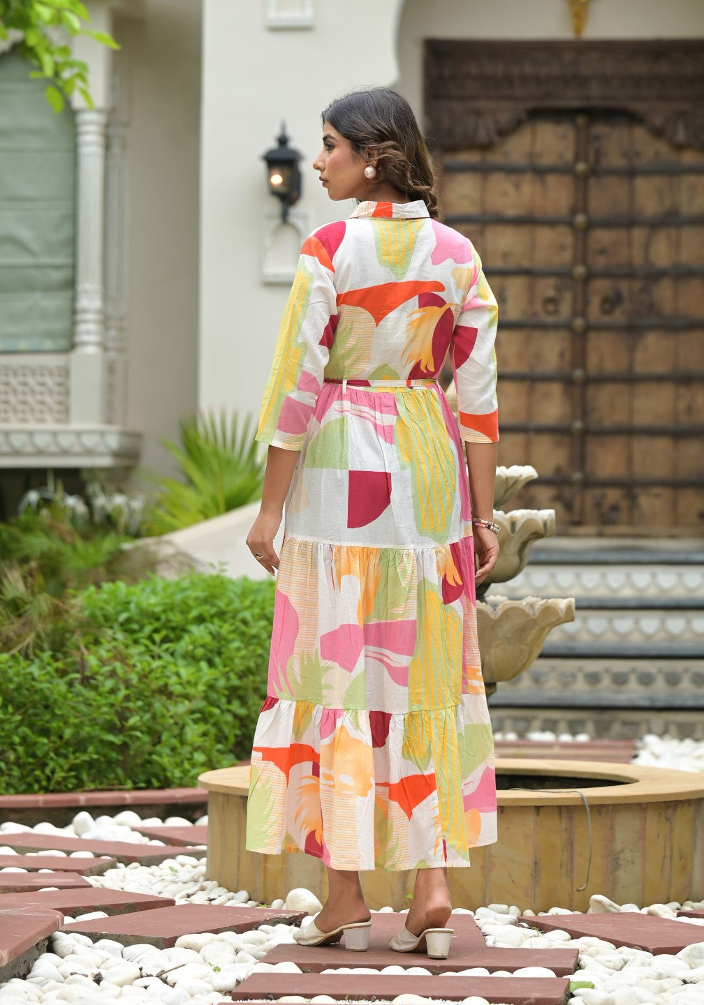 Juniper Women's Off White Geometric Printed Cambric Dress With Buttons & Doris On Waist | Grocsy