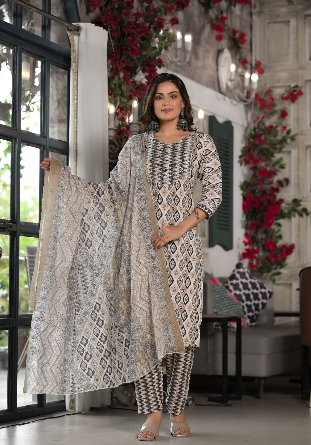 Juniper Women's Black Ikat Printed Cotton Kurta, Pant And Dupatta Set With Mirror & Thread Work | Grocsy