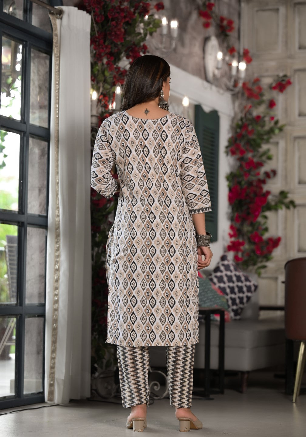 Juniper Women's Black Ikat Printed Cotton Kurta, Pant And Dupatta Set With Mirror & Thread Work | Grocsy