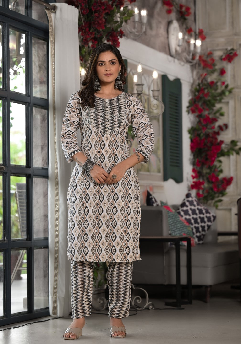 Juniper Women's Black Ikat Printed Cotton Kurta, Pant And Dupatta Set With Mirror & Thread Work | Grocsy